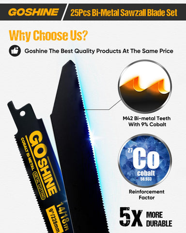 GOSHINE M42 steel blade with heat-treated tip for longer life.