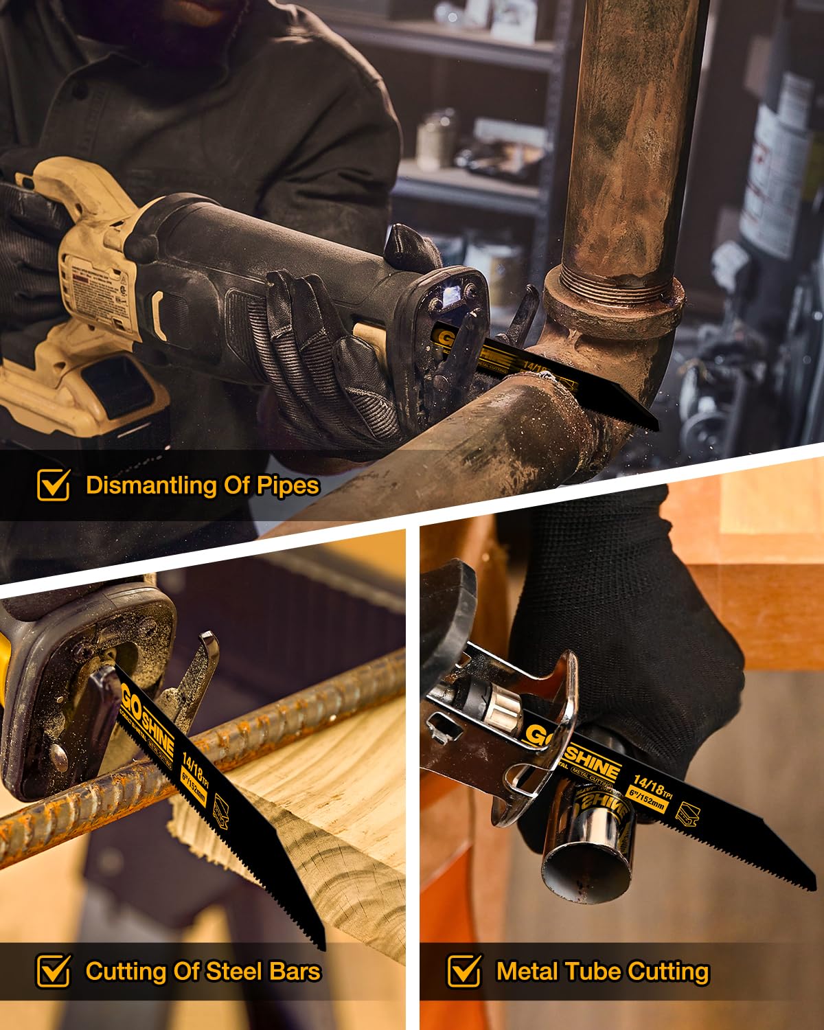 GOSHINE blades cutting steel and pipes to demonstrate metal versatility.
