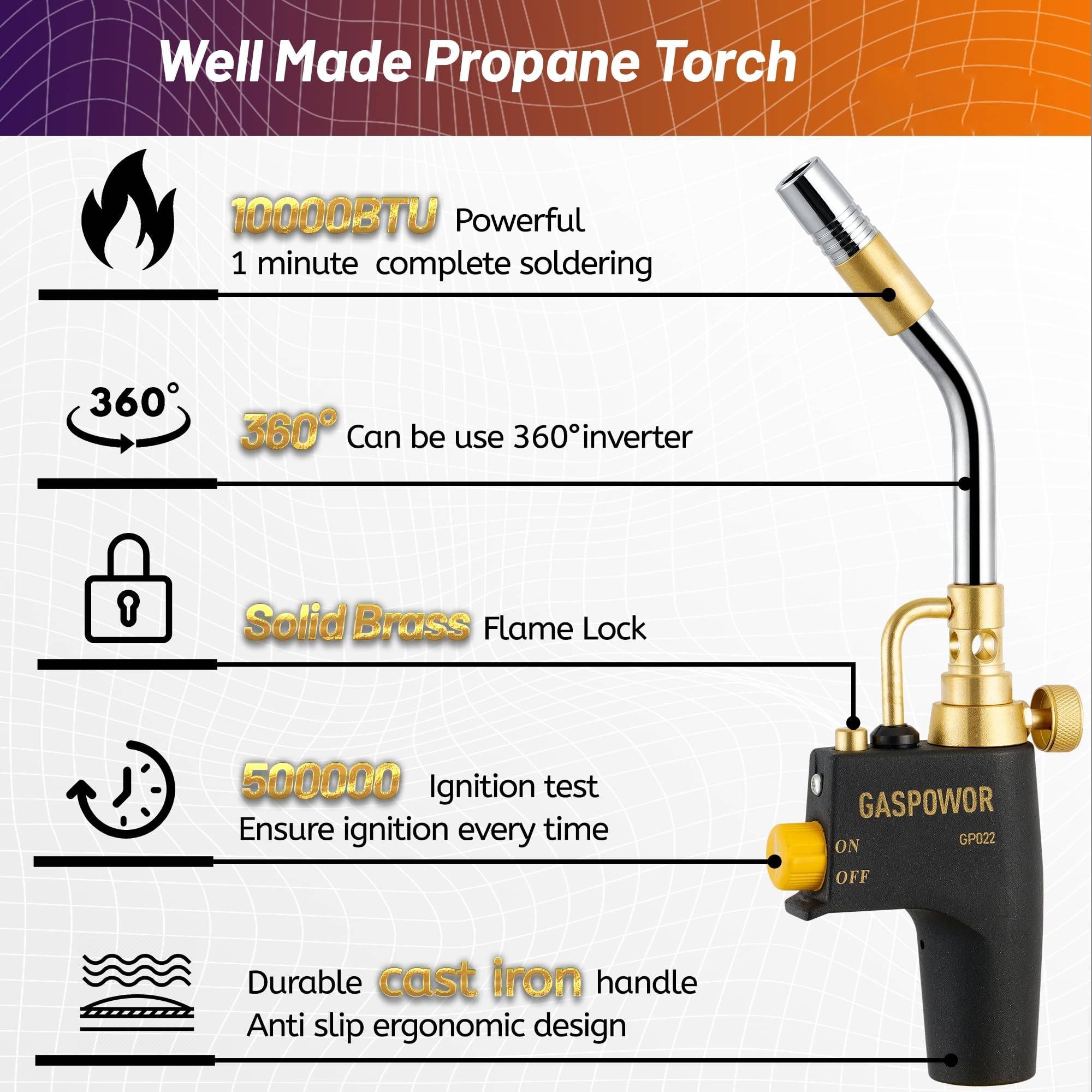 Gospowor propane torch shows built in regulator for stable heat during soldering.