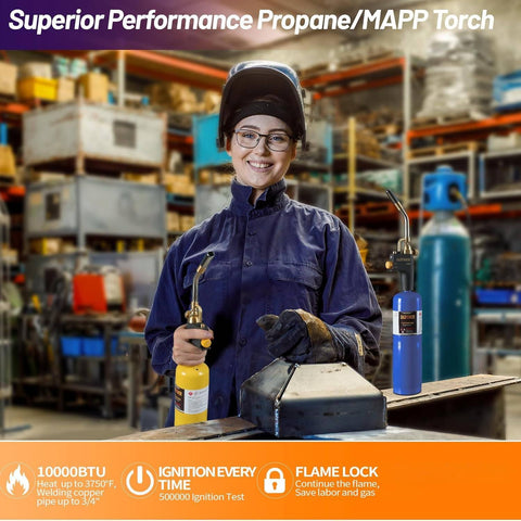 Gospowor trigger-start torch enables one-click ignition and efficient fuel use.