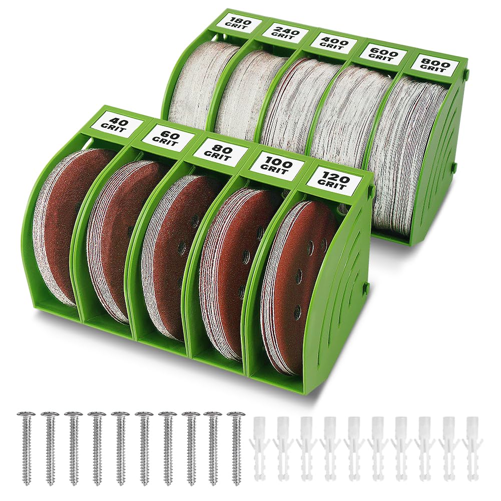 Gostle 5-Inch sanding discs storage bin collection neatly organized on a workbench