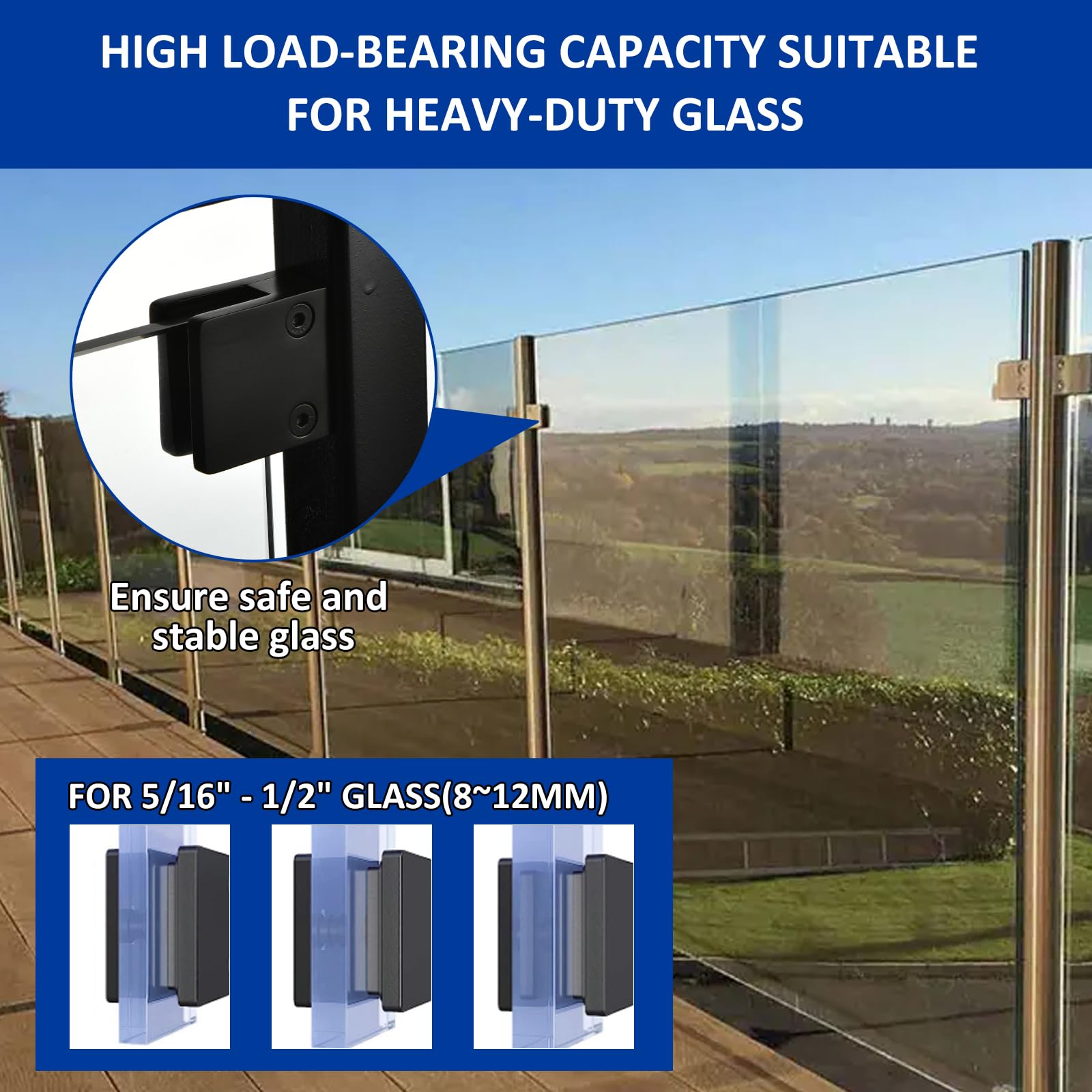 GOSURE stainless steel square glass clip provides durable support.