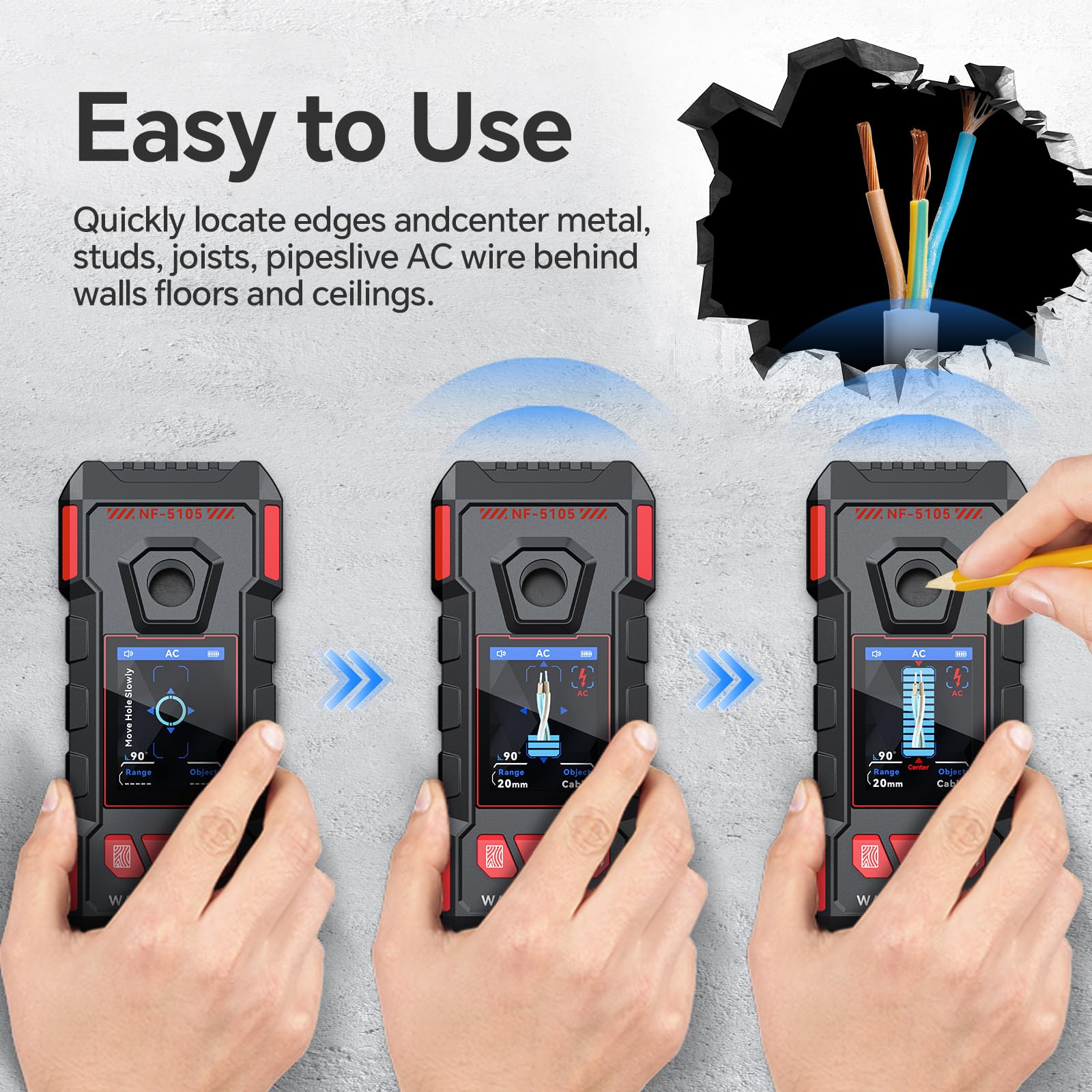 GOTMEET stud finder detects wood, metal, and live AC during scans.