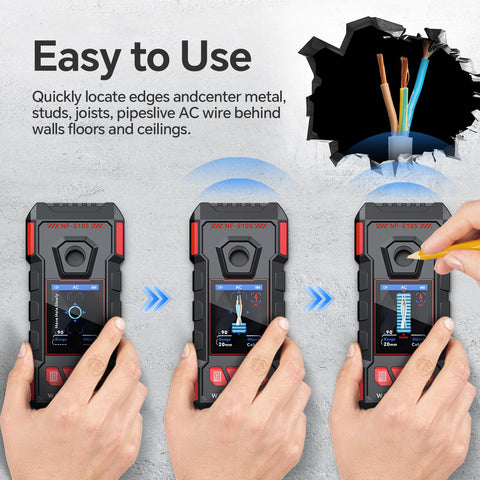 GOTMEET stud finder detects wood, metal, and live AC during scans.