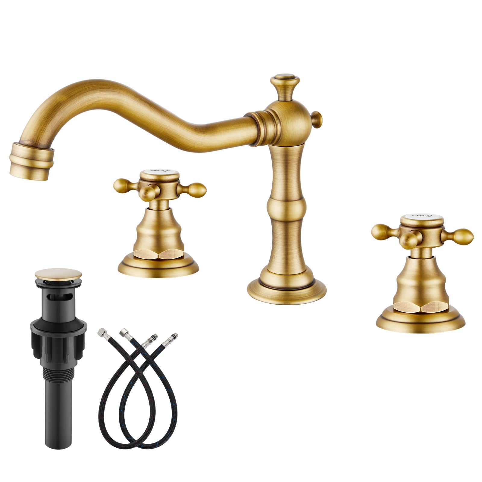 Gotonovo bathroom faucet front view highlights 8 inch widespread design and antique brass finish for timeless styling.