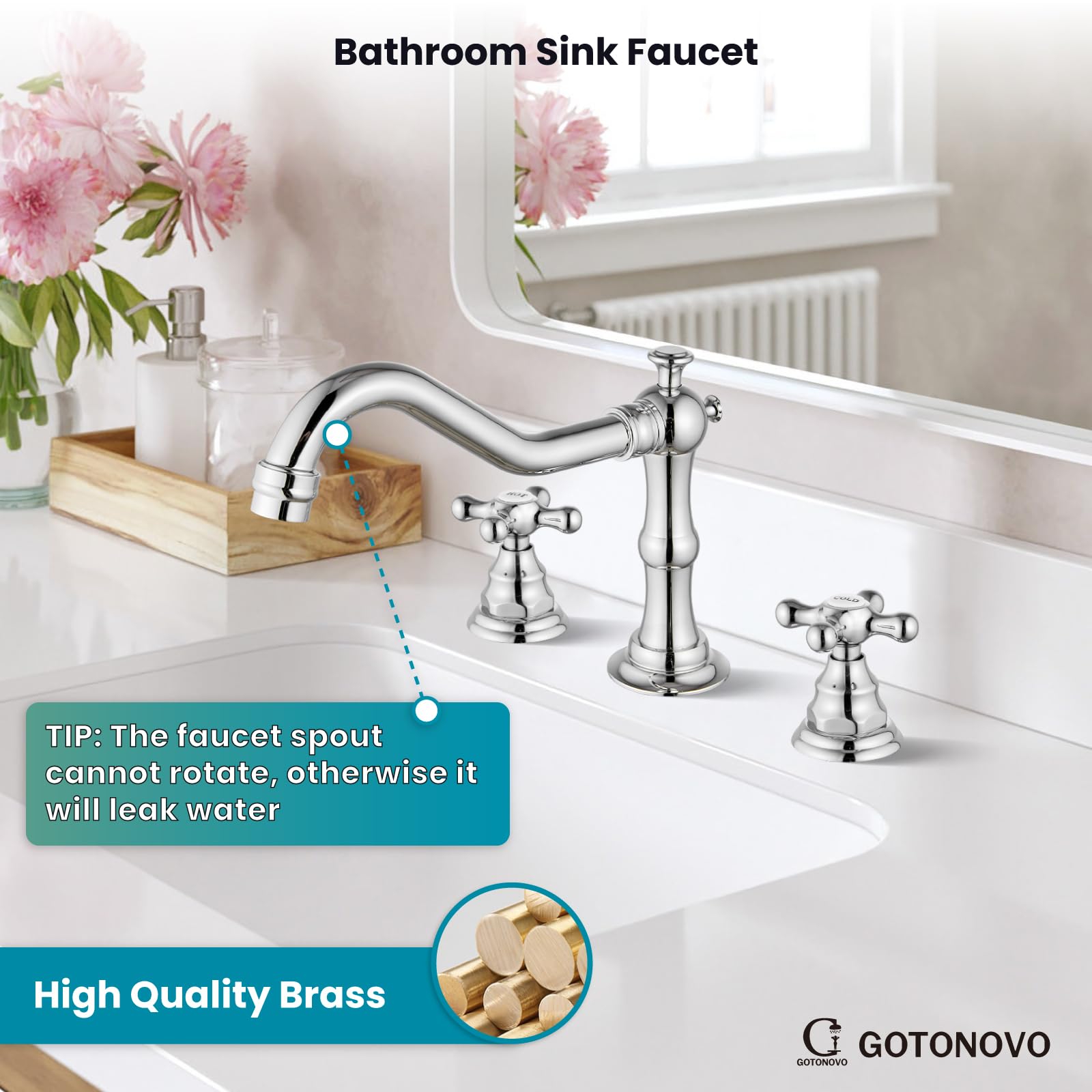 Gotonovo chrome cross-handle faucet offers easy daily water adjustment.