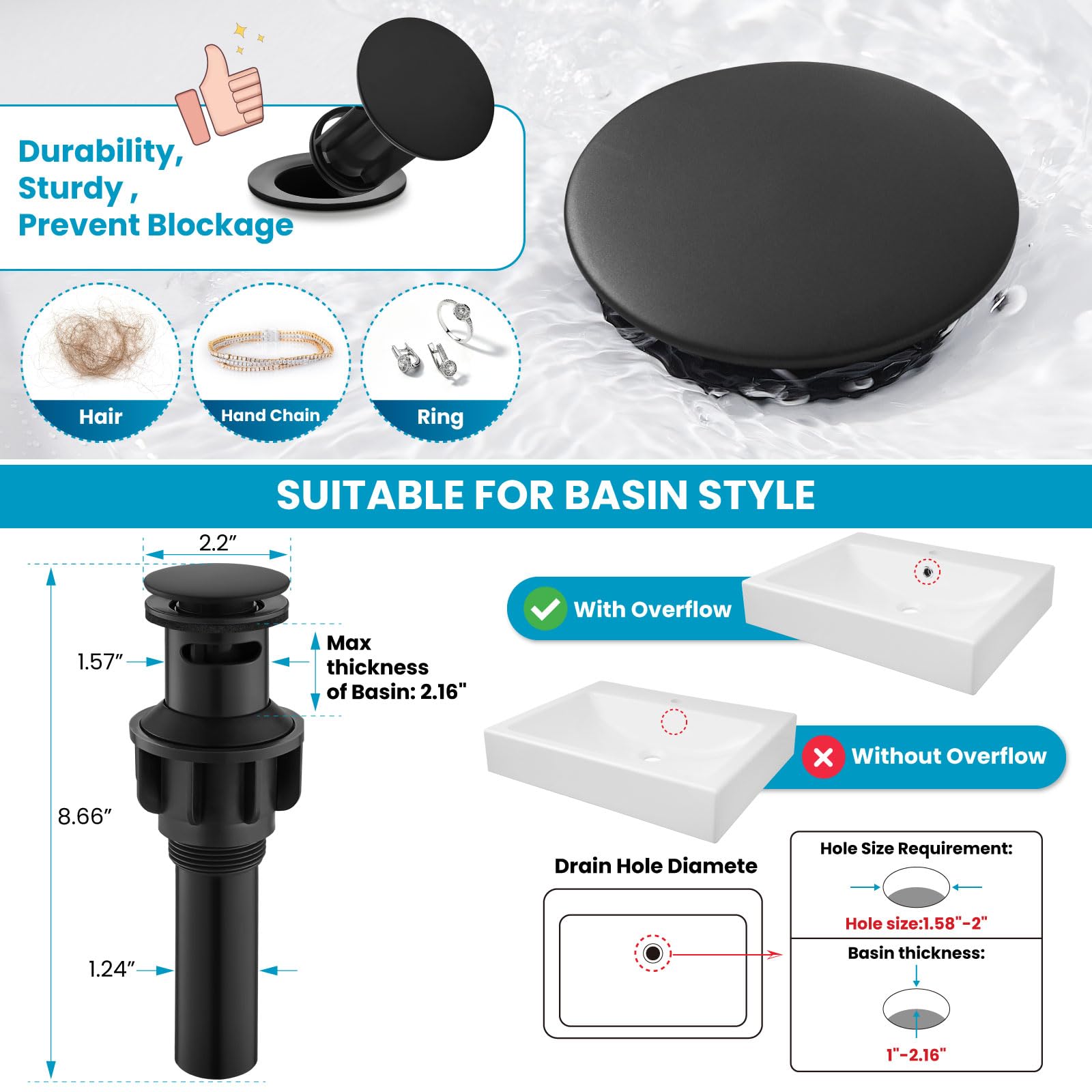 Gotonovo pop up drain with overflow for easy drainage