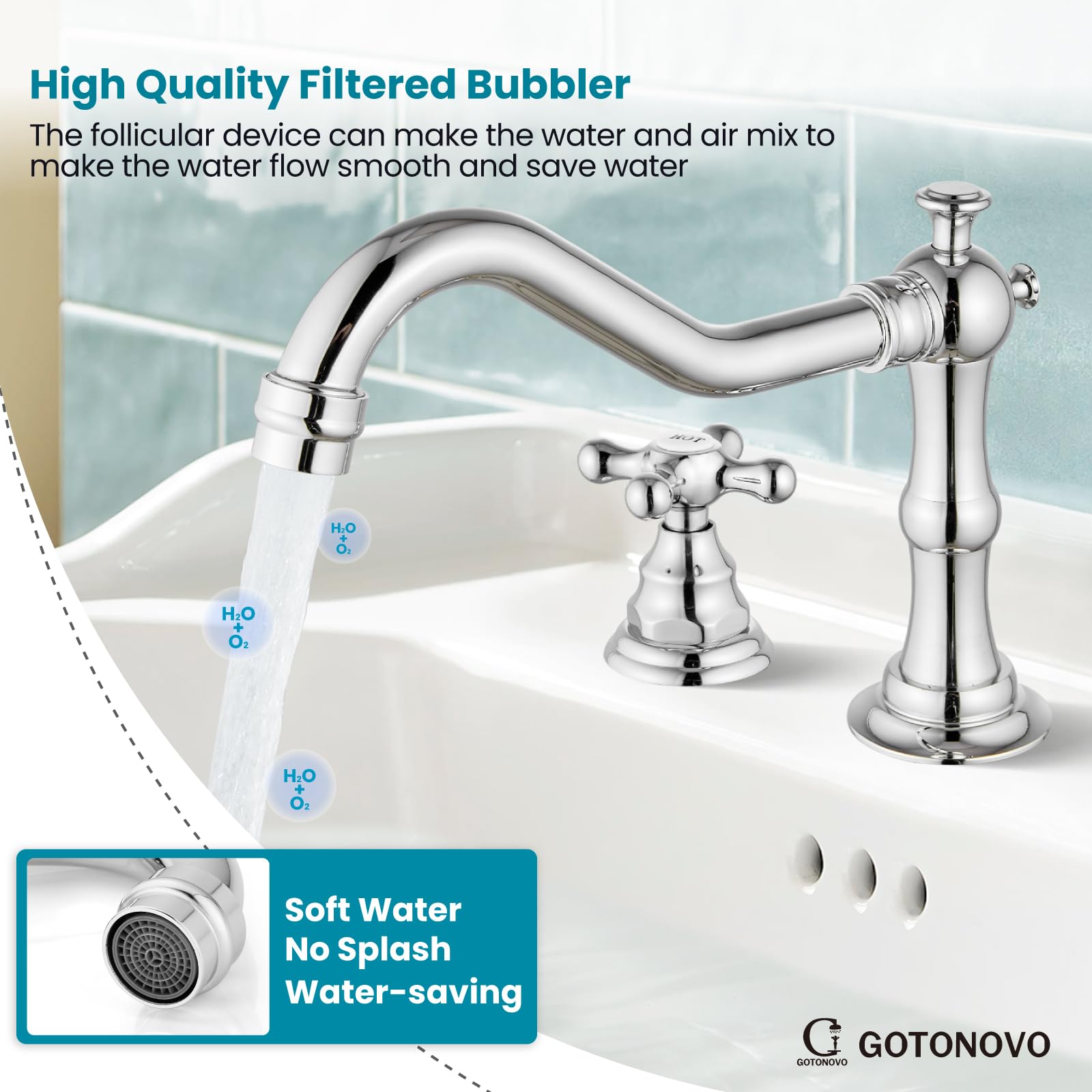 Gotonovo 7.48-inch spout reach covers most standard vanity sinks.