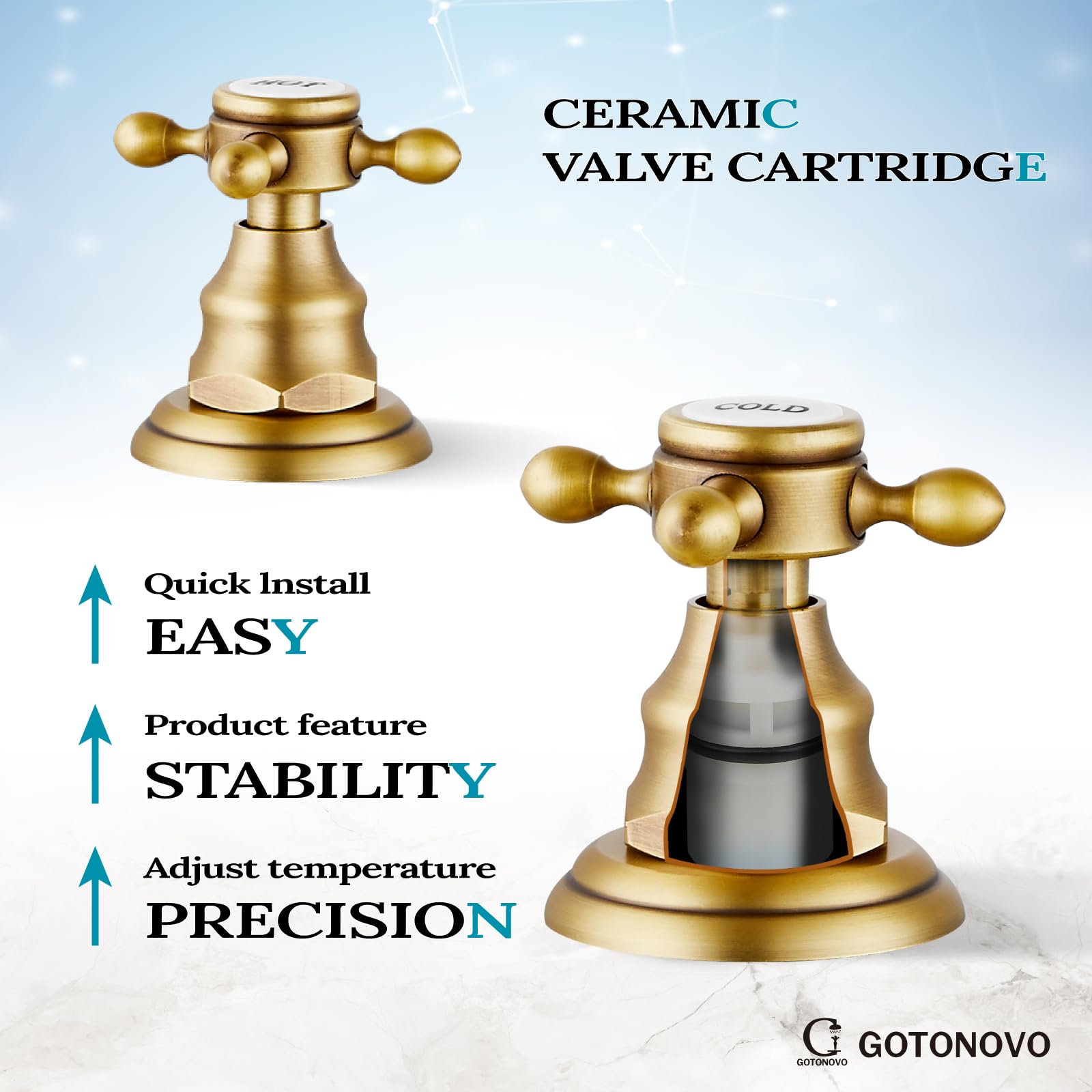 Gotonovo water flow closeup highlights 1.18 GPM efficiency.