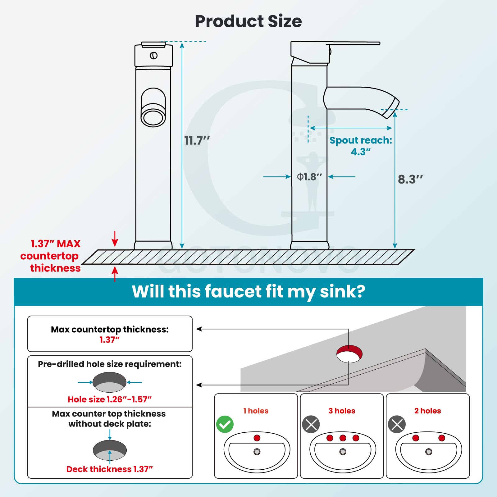 gotonovo Deck-mount 1-hole faucet fits compact vanity spaces