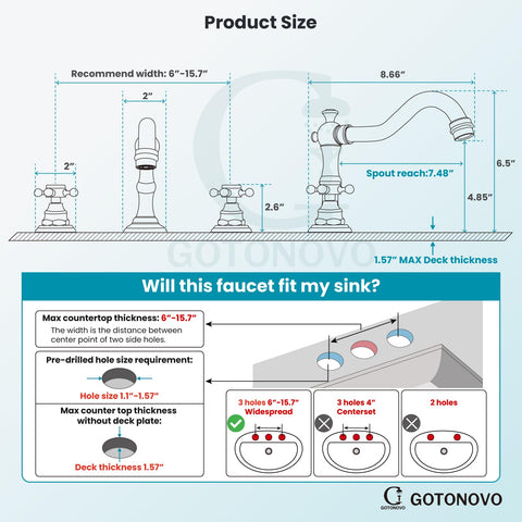 Gotonovo deck-mounted faucet fits standard three-hole configurations.