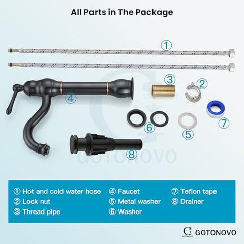 Gotonovo dimensions show height, reach, and spout compatibility.