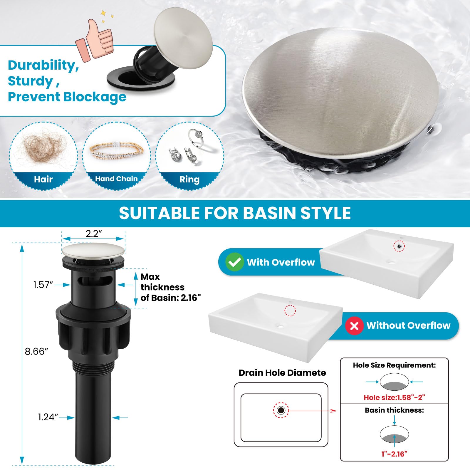 Gotonovo pop-up drain with overflow keeps sink tidy.