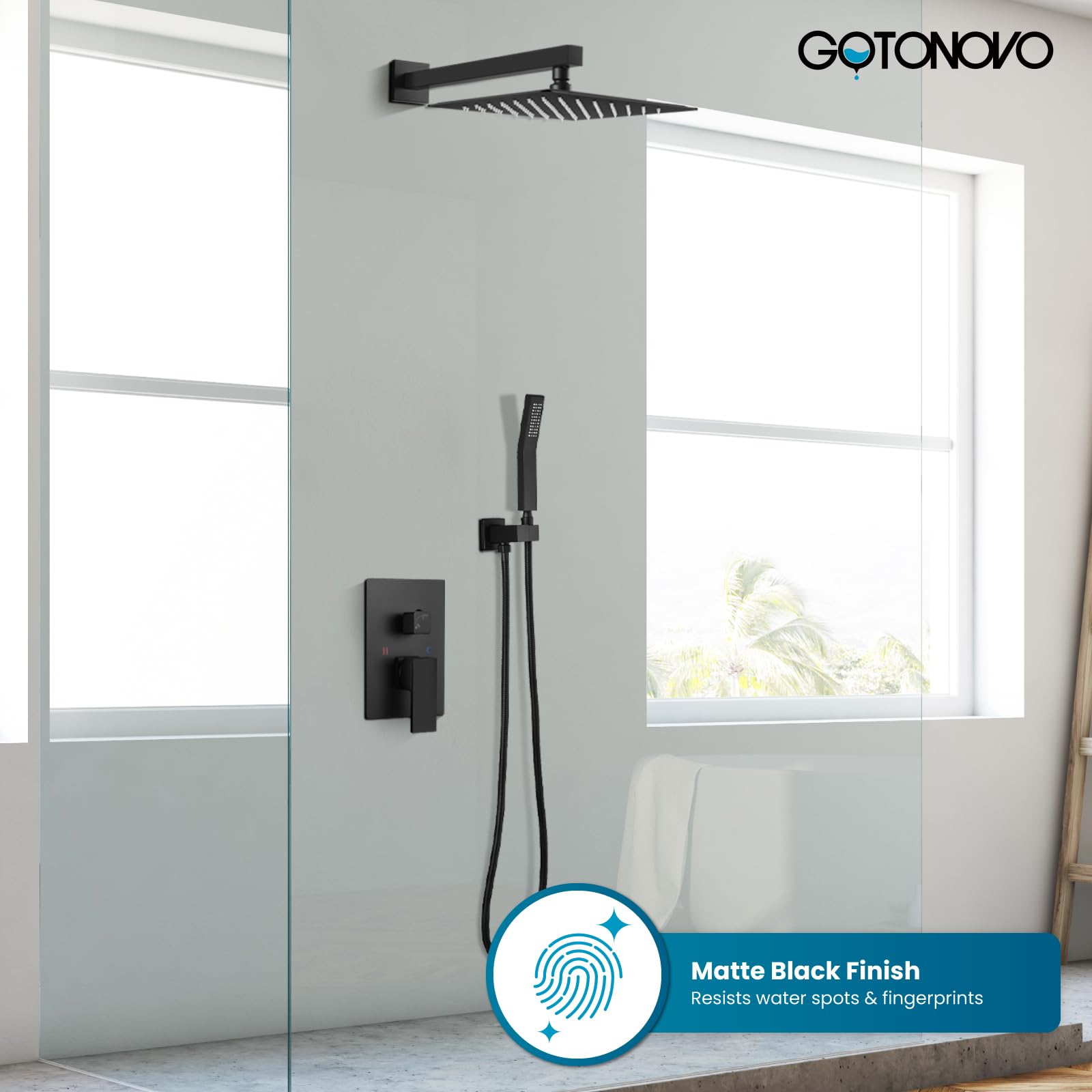 Gotonovo wall-mounted shower system shows durable all-metal construction for long-lasting performance.
