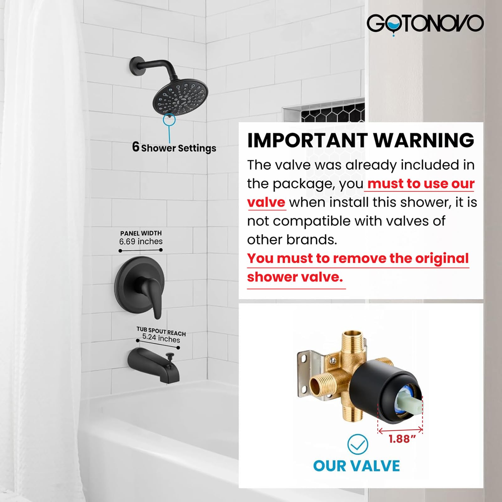 Gotonovo six-modes shower head offers versatile spray options for personalized cleansing.