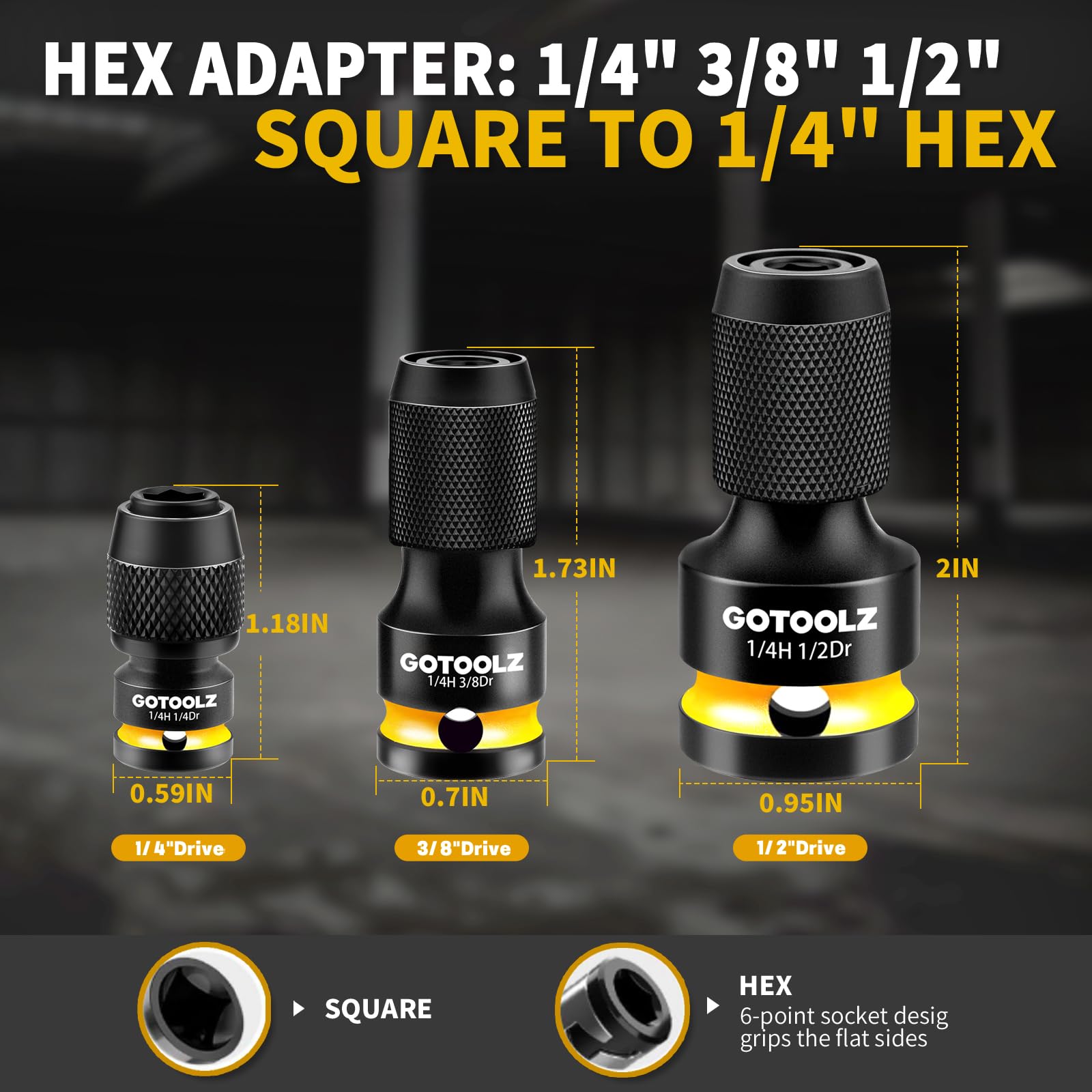 GOTOOLZ 1/4-drive to 1/4-hex adapter showing quick-change capability