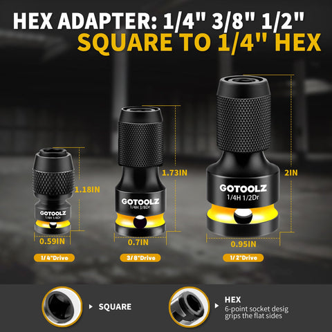 GOTOOLZ 1/4-drive to 1/4-hex adapter showing quick-change capability