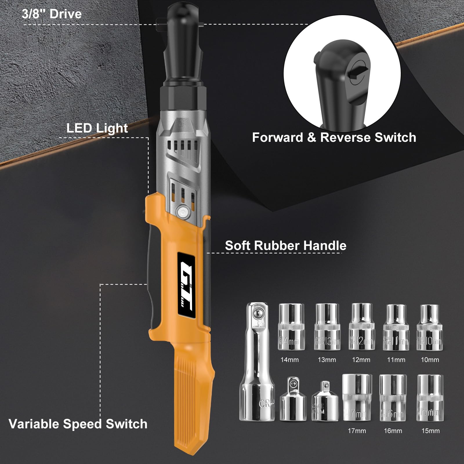 GOTUU 3-8-inch cordless ratchet wrench torque spec shows 74 ft-lbs capability.