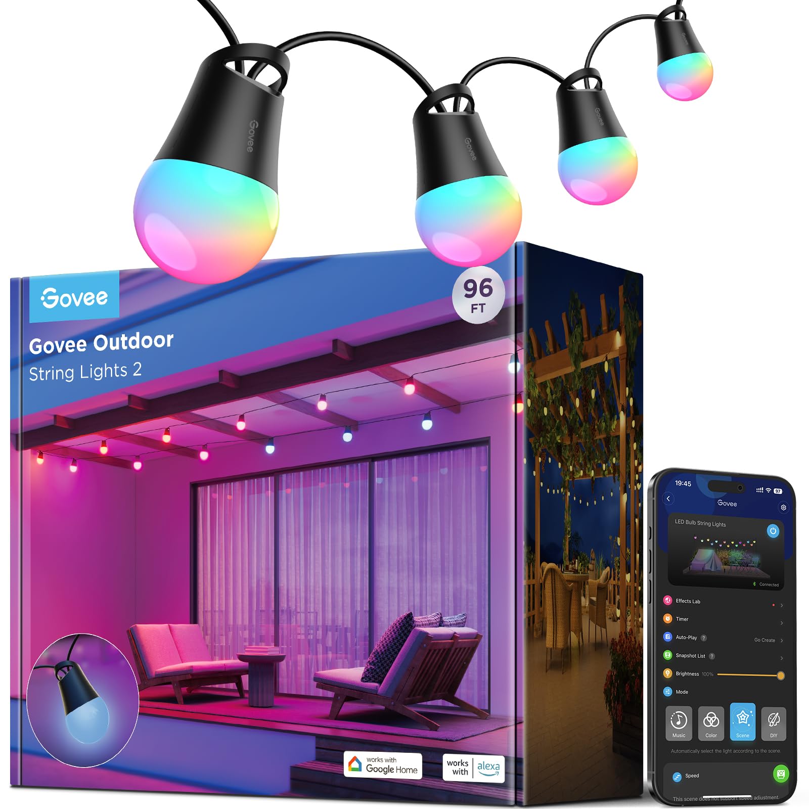 Govee 96ft RGBIC outdoor lights create warm ambience with dimmable bulbs.