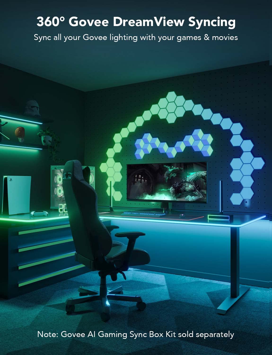 Govee AI Dreamview sync with Razer Chroma drives immersive game lighting.