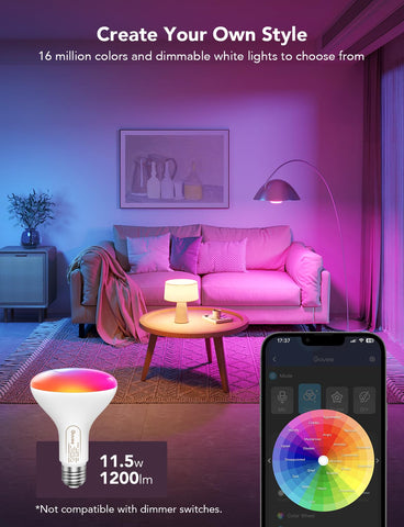 Govee BR30 bulb at 1200 lumens brightens large living spaces.