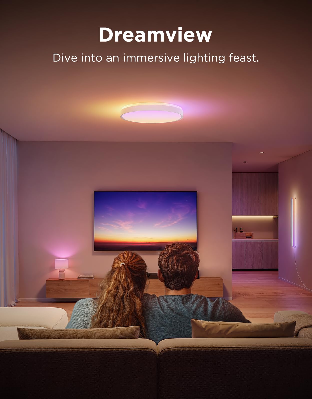 Govee flush-mount round white ceiling light in a modern room.
