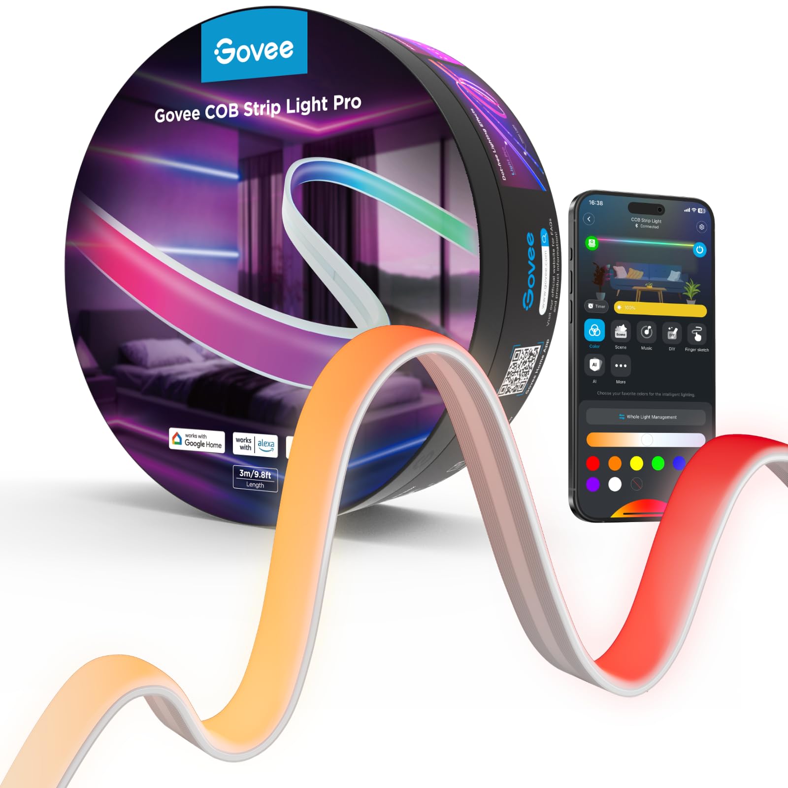 Govee COB LED Strip Light Pro ambient lighting for versatile rooms.