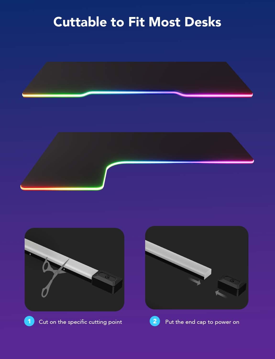 Govee cuttable strip at 12 points fits desks