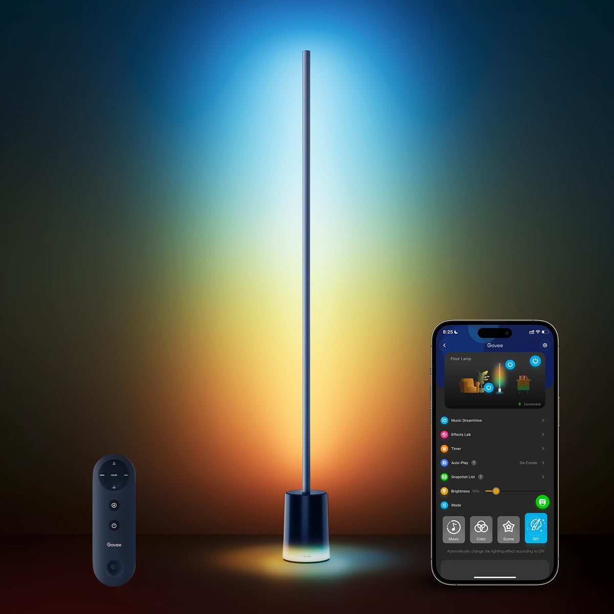Govee Floor Lamp 2 base gradient lighting enhances living room ambience.