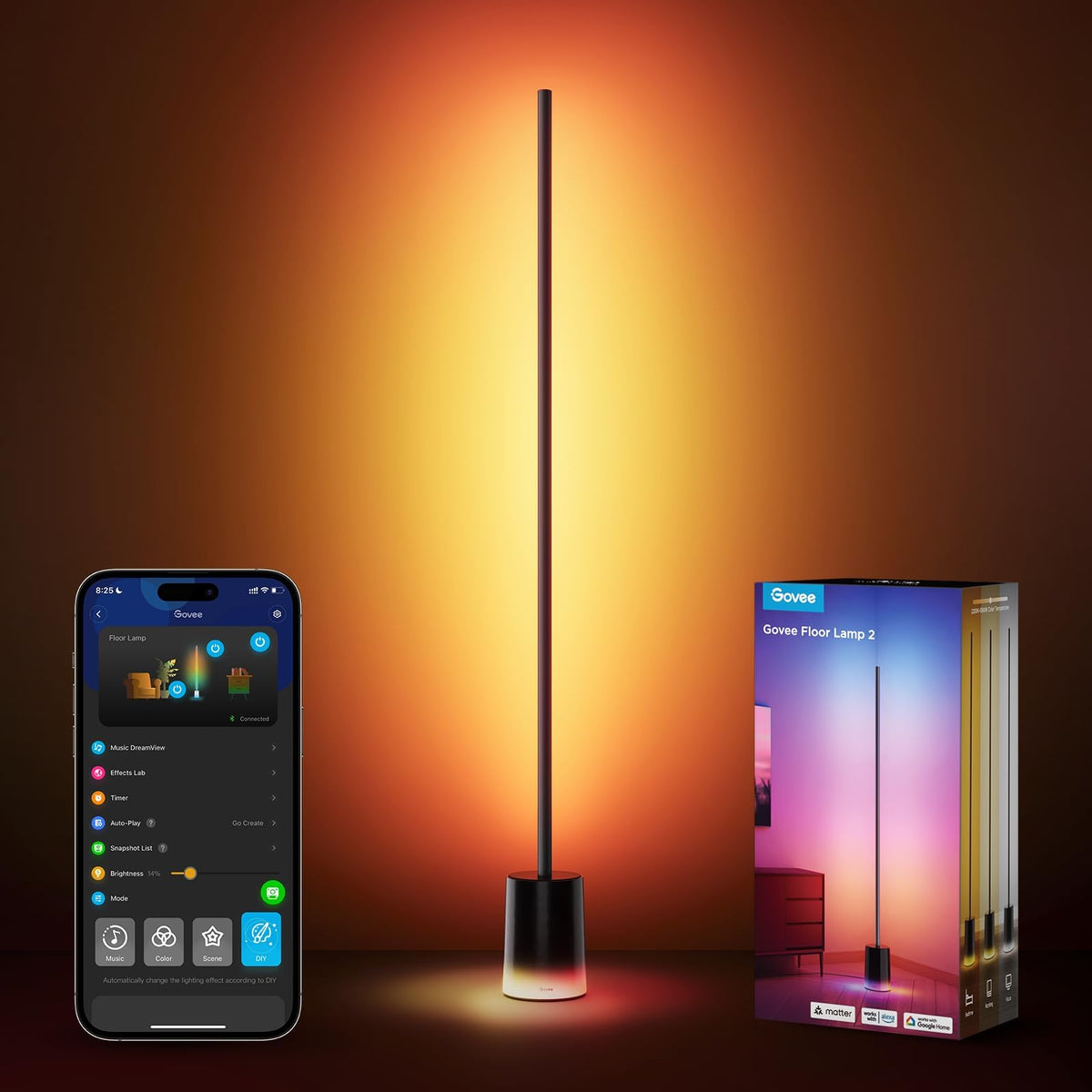 Govee Floor Lamp 2 base lighting enhances room illumination with vibrant colors.