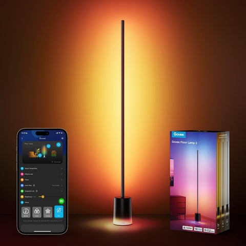 Govee Floor Lamp 2 base lighting enhances room illumination with vibrant colors.
