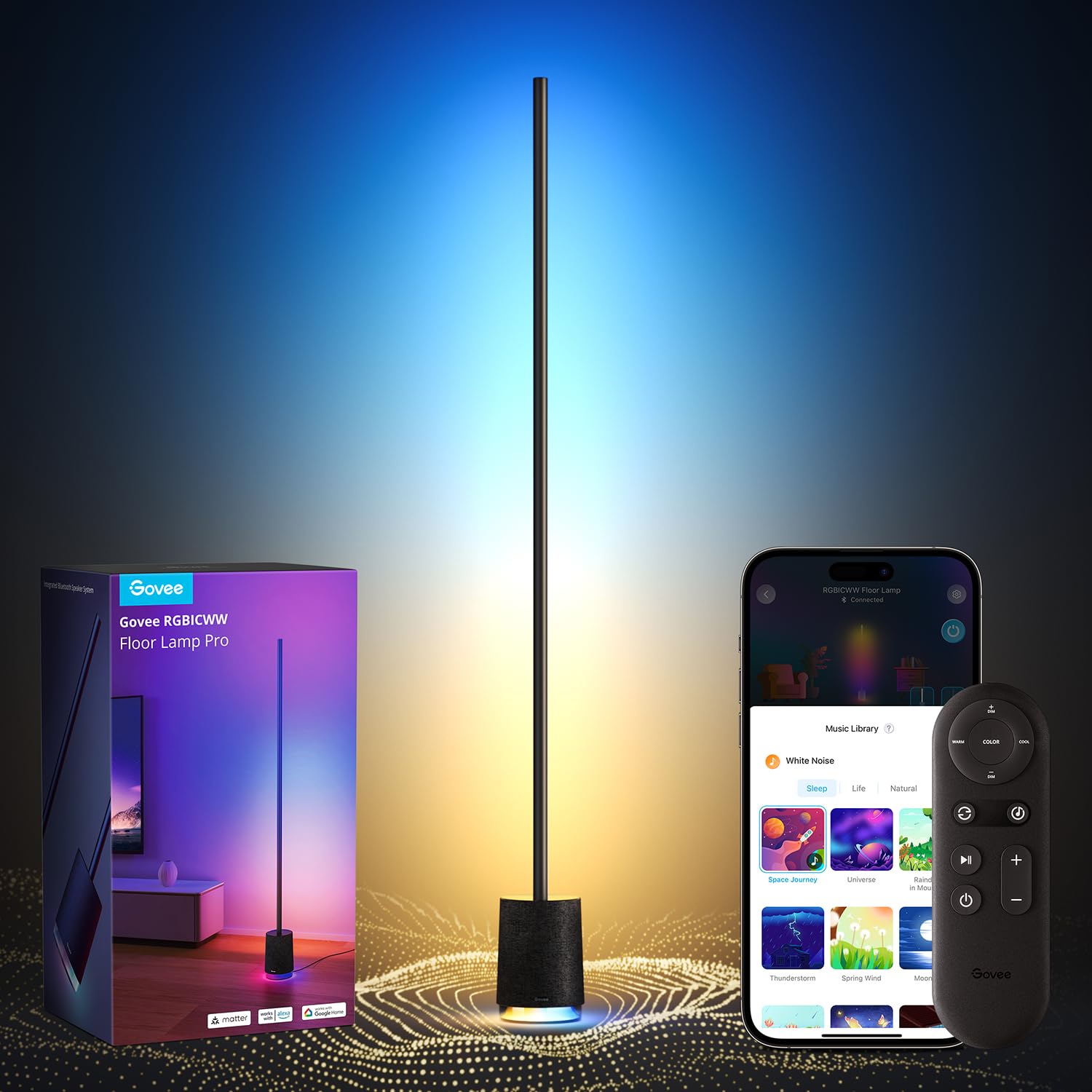 Govee Floor Lamp Pro front view with immersive RGBICWW lighting for ambient living room lighting