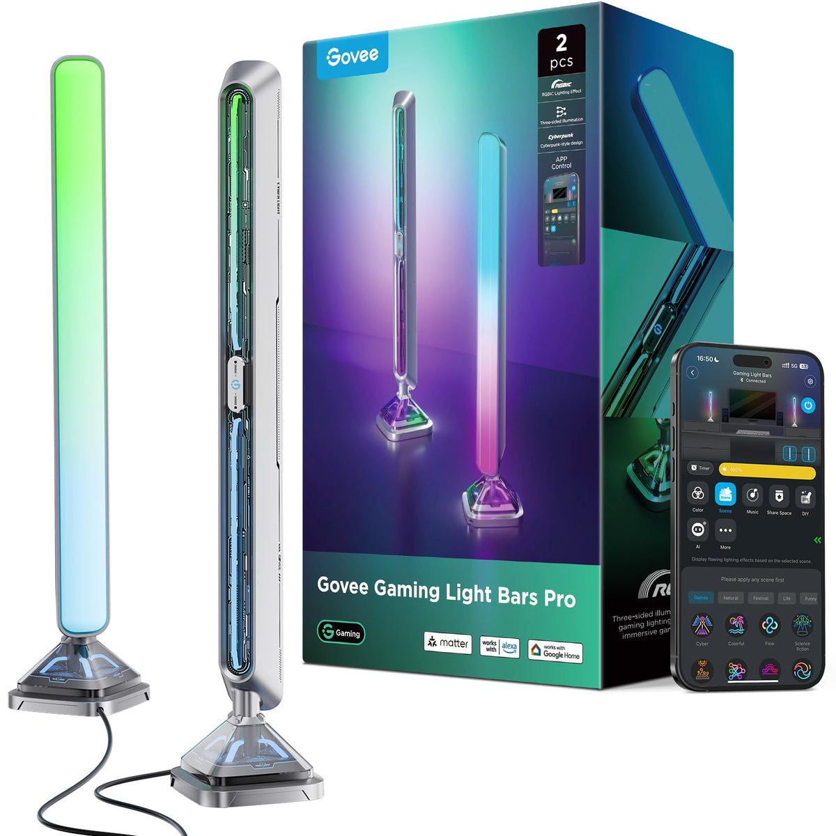Govee Gaming Light Bars Pro front view with triple-sided illumination for immersive gameplay.