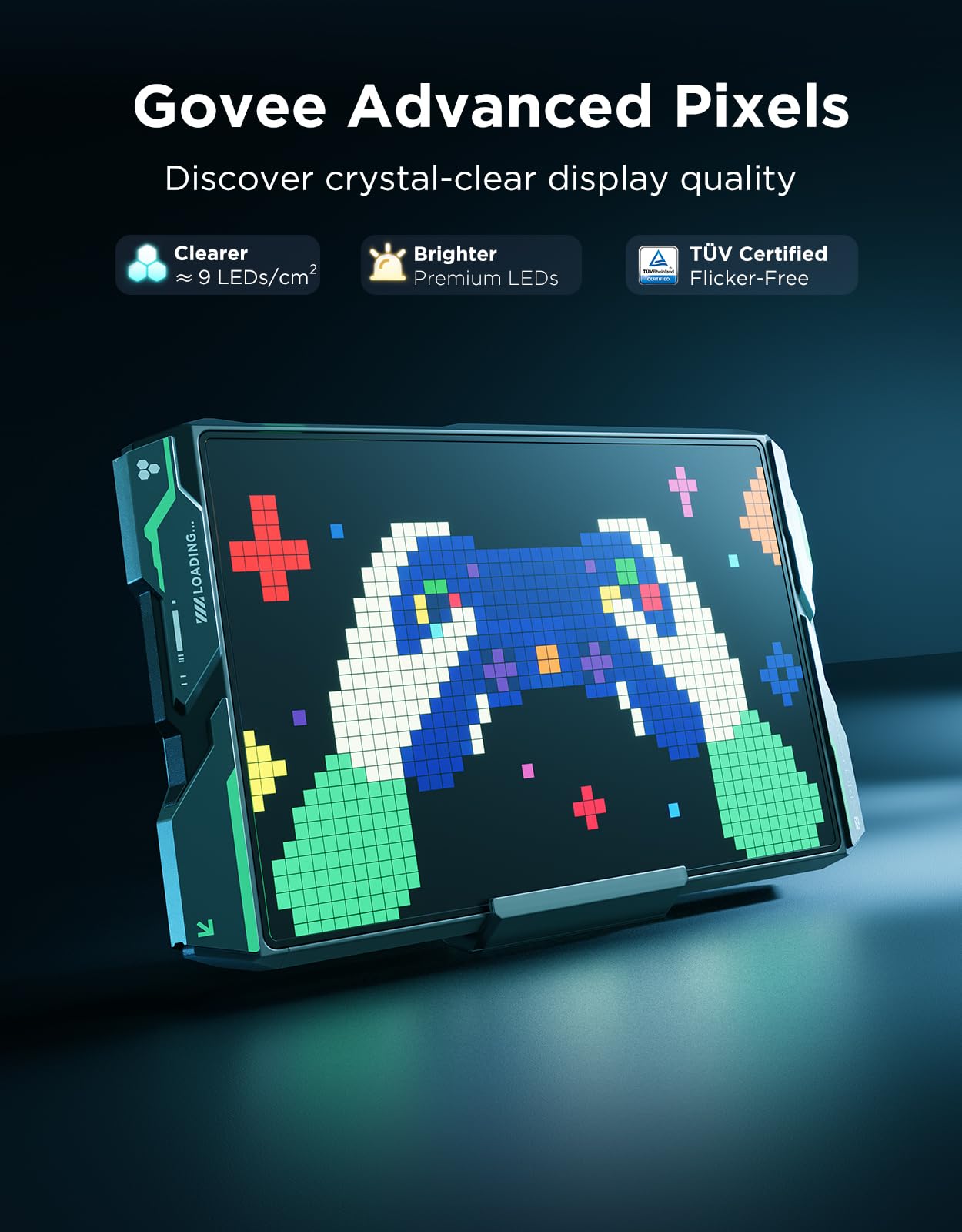 Govee Gaming Pixel Light shows real-time time and weather on the panel.