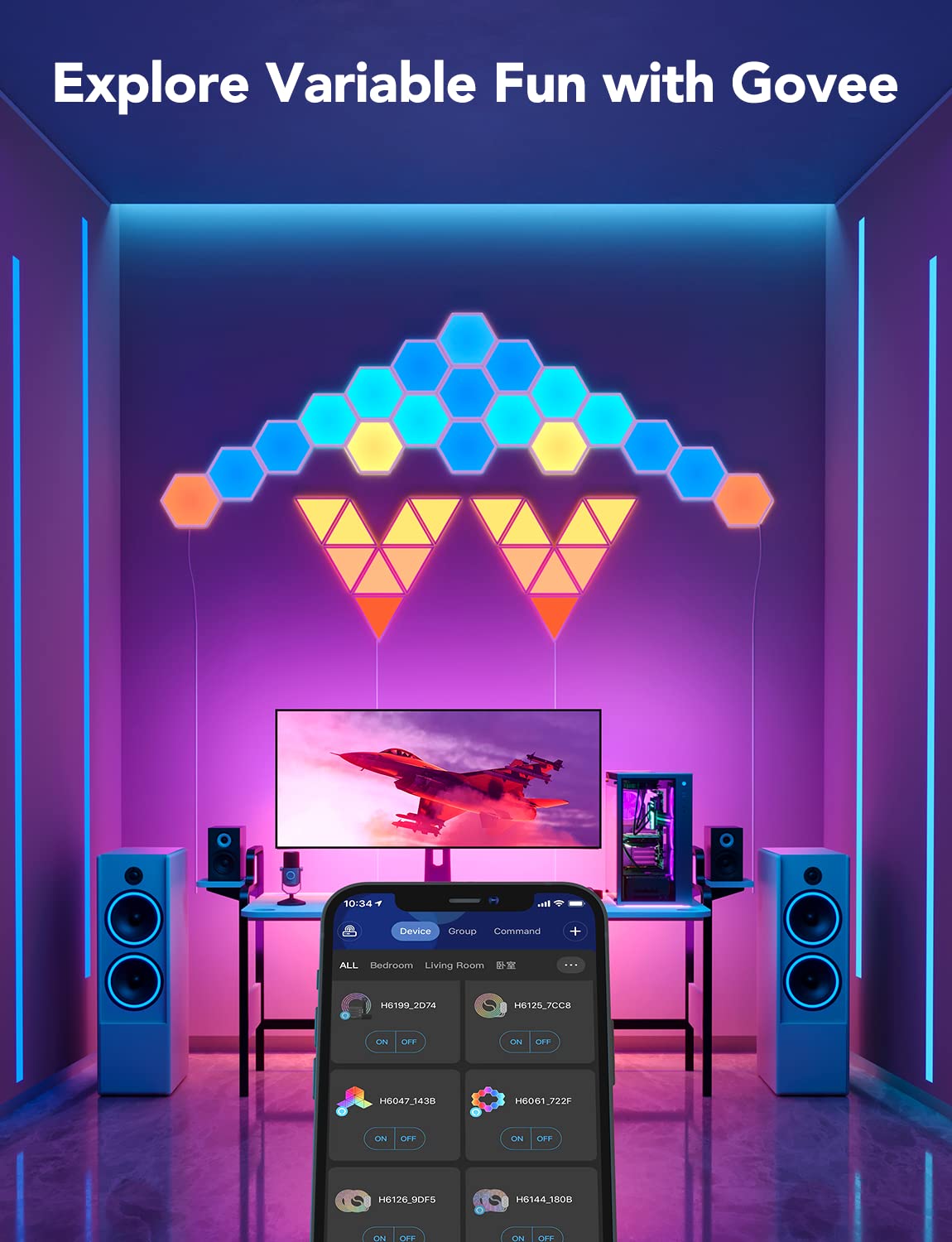 Govee Glide Hexa ambient lighting enhances gaming sessions.