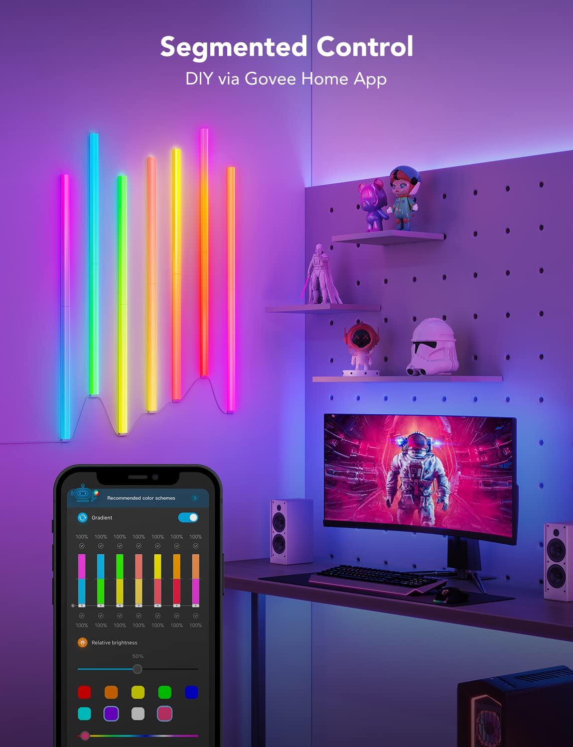 Govee Glide RGBIC panel showing color-mycling ambiance for living room