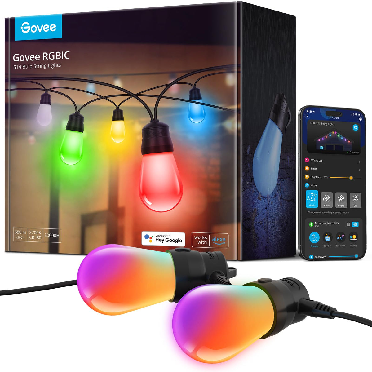 Govee H7015 48ft RGBIC outdoor lights illuminate patios with vibrant color scenes.