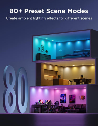 Govee Home App with 80+ scene modes and DreamView ambiance.
