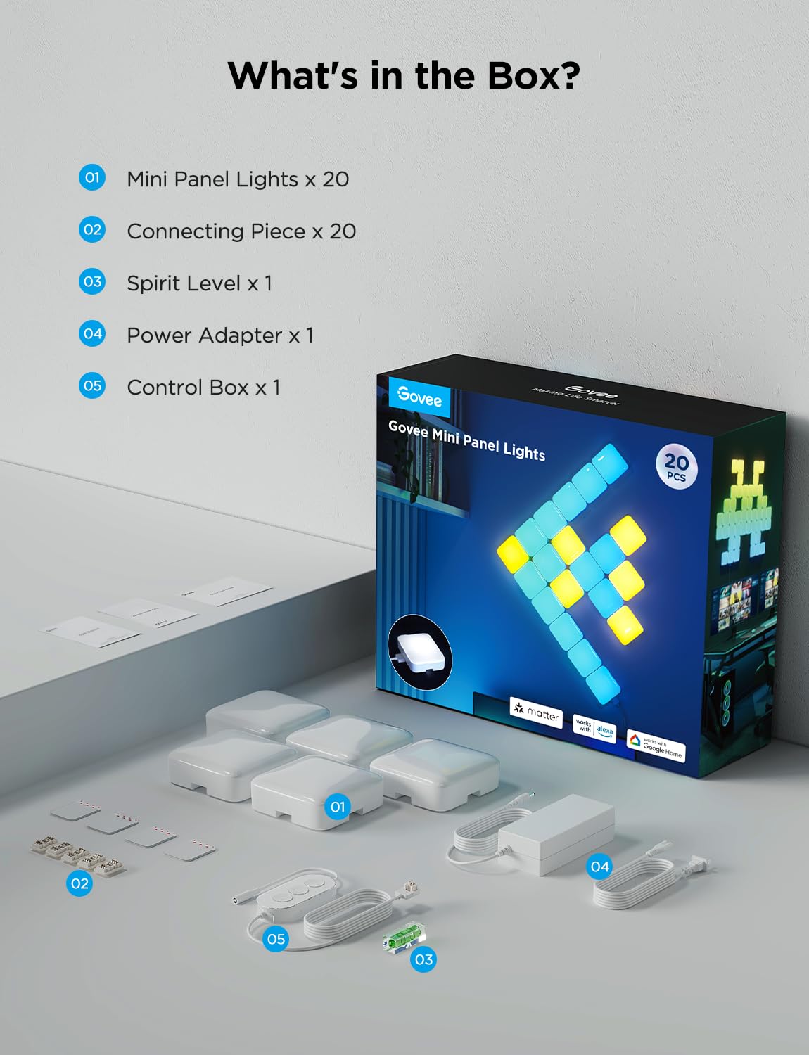 Govee Mini Panel Lights come in a 20-piece pack for complete room coverage.