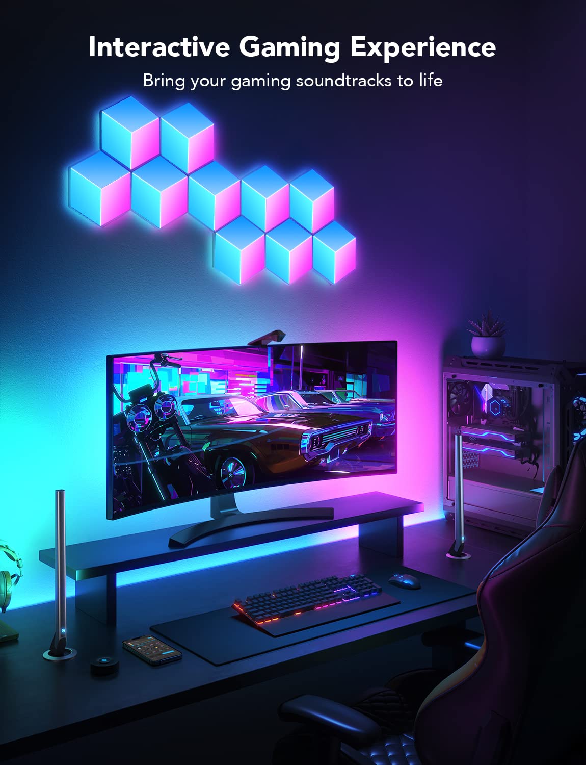 Govee Music Sync Box in action lights up a living room setup.