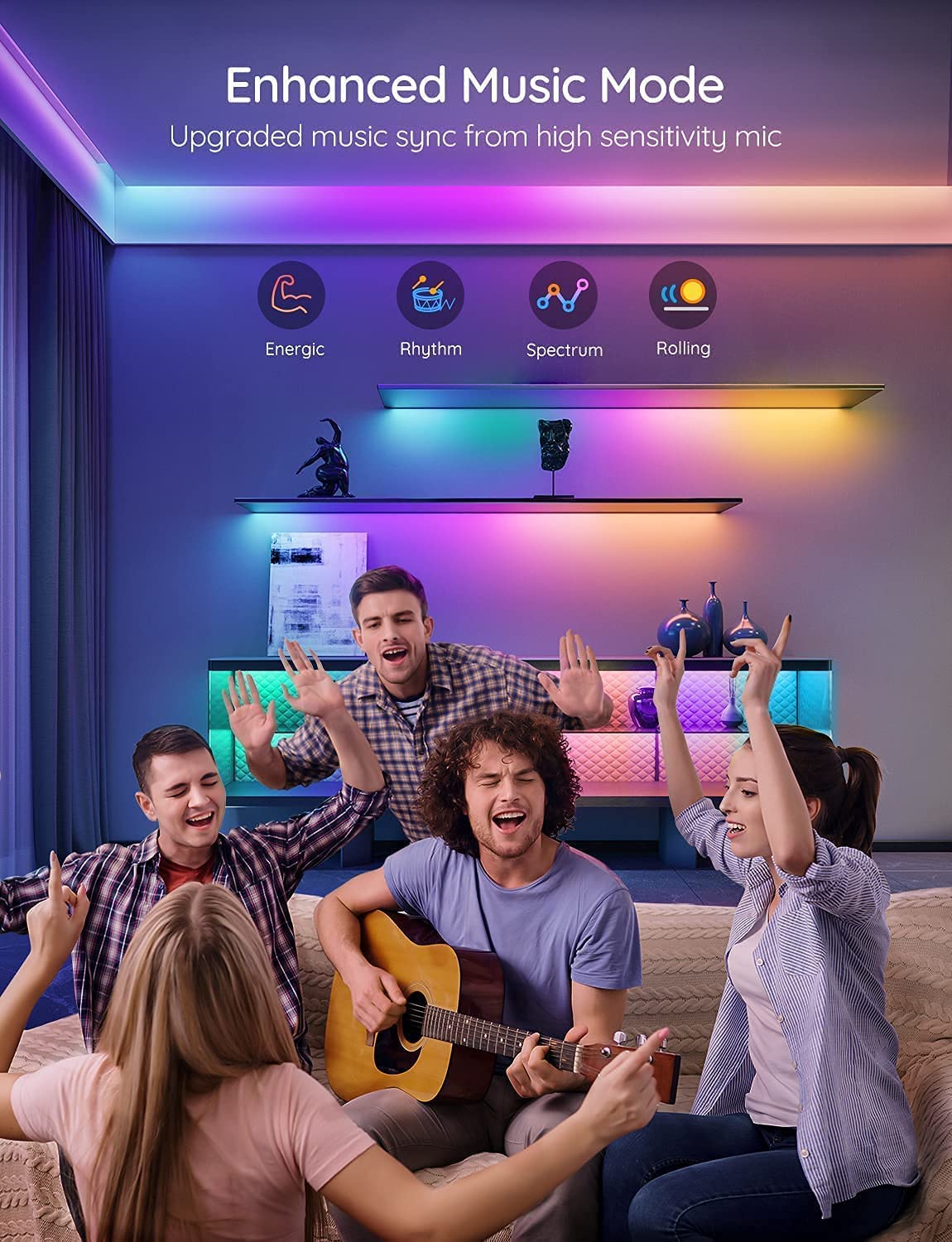 Govee music sync LED strip responds to music tempo for immersive mood.