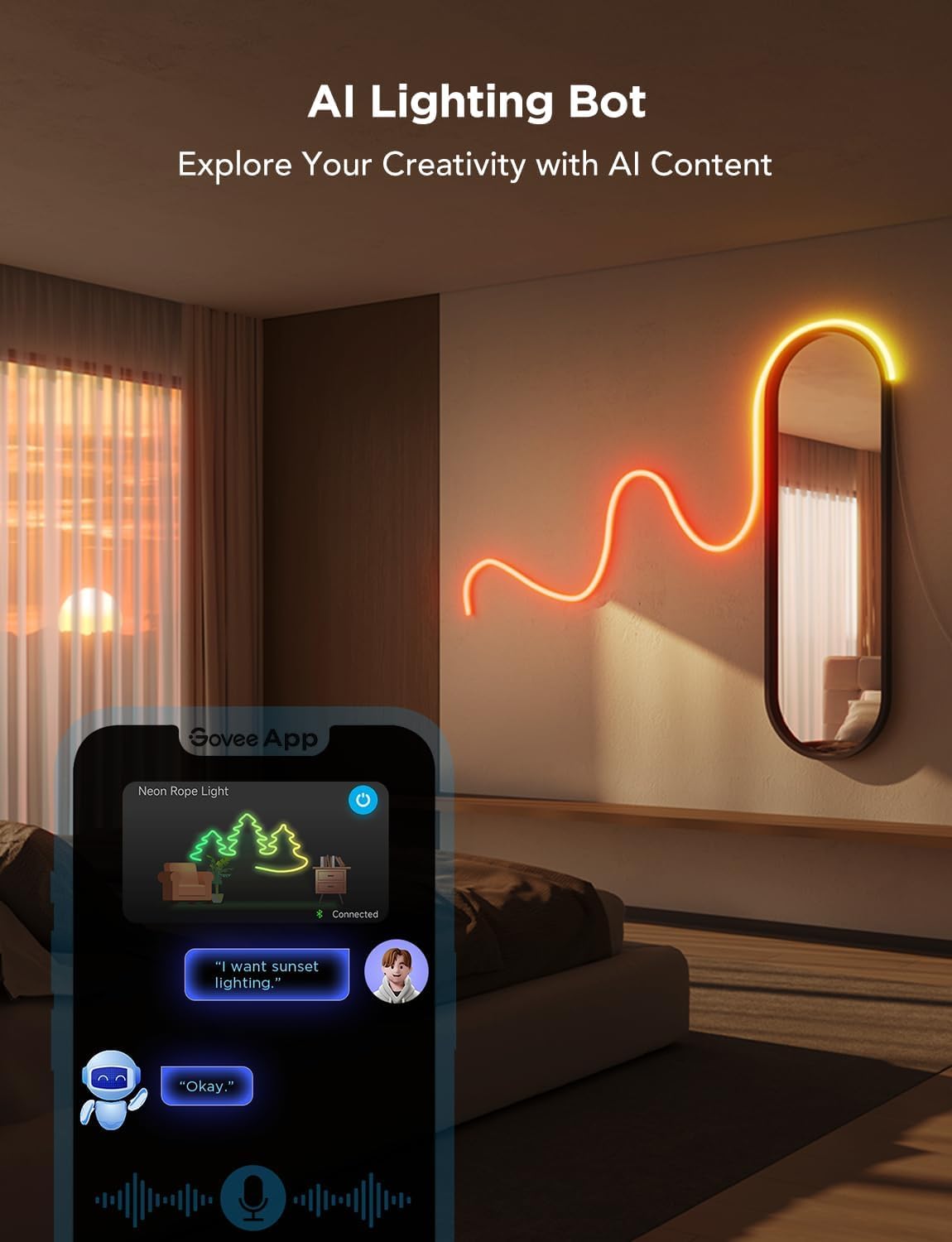 Govee RGBIC Neon Lights display dynamic color effects in a living room.
