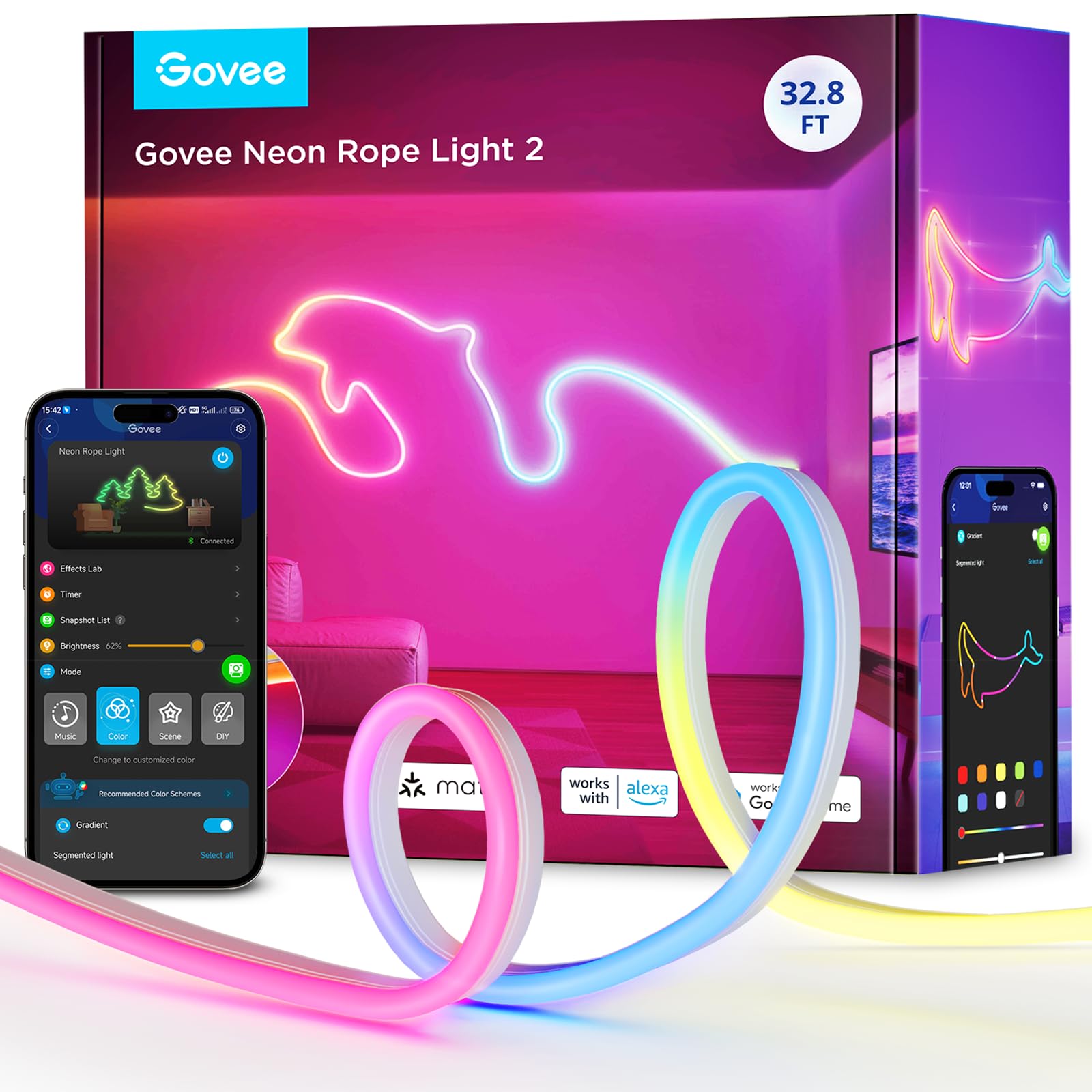 Govee RGBIC Neon Rope Light creates a soft bedroom glow and ambient ambience.