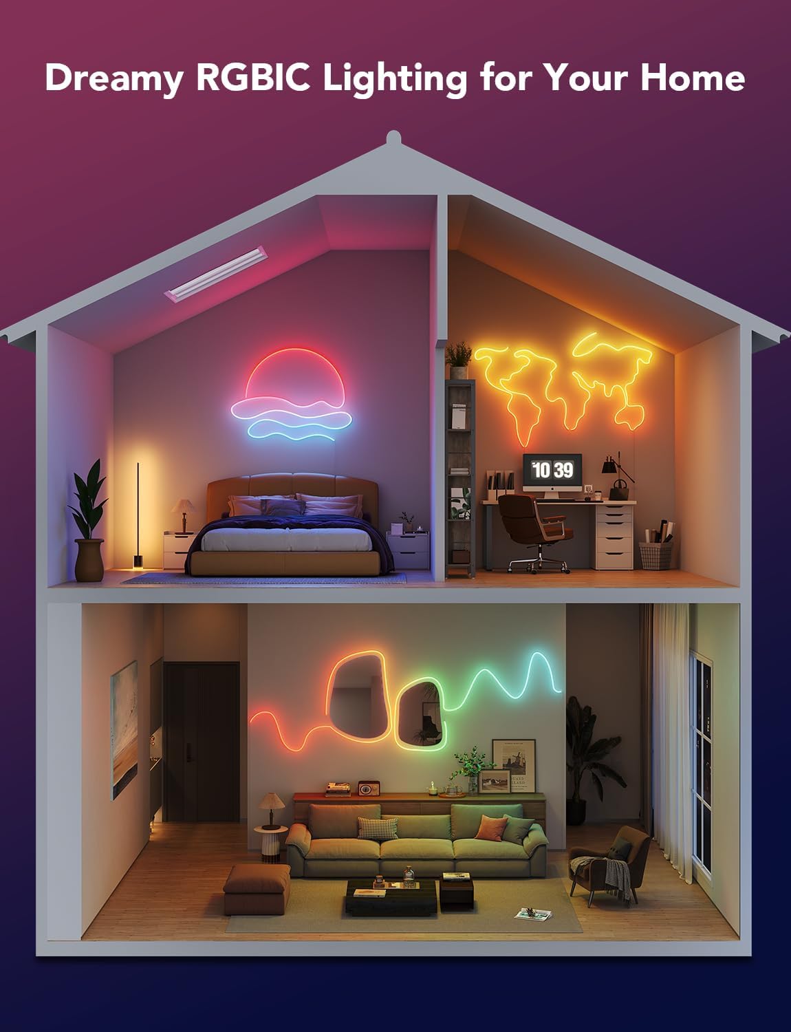 Govee shape-mapped lighting via app creates customized segments.