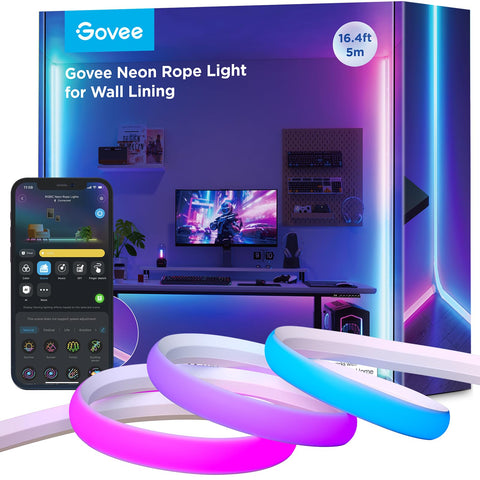 Govee Neon Rope Light wall lining close-up showing seamless gradients for ambiance.