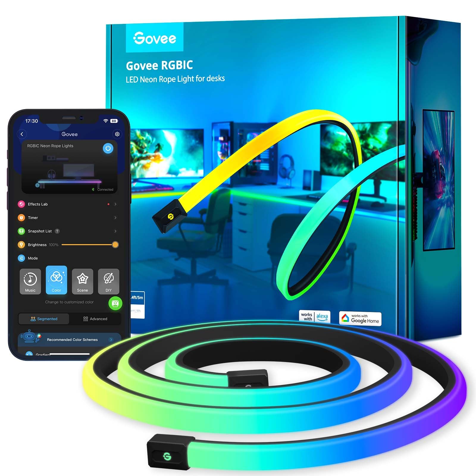 Govee neon rope lights illuminate the desk setup with vibrant ambience.