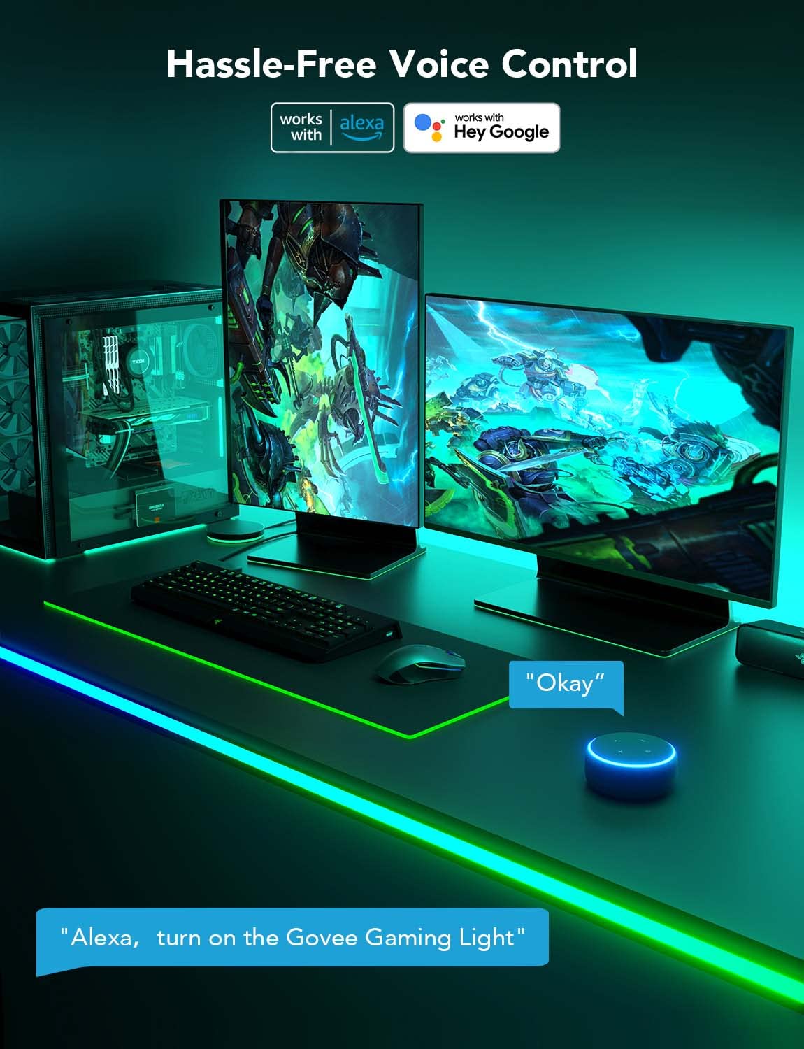 Govee neon silicone design wraps smoothly around desk edges.