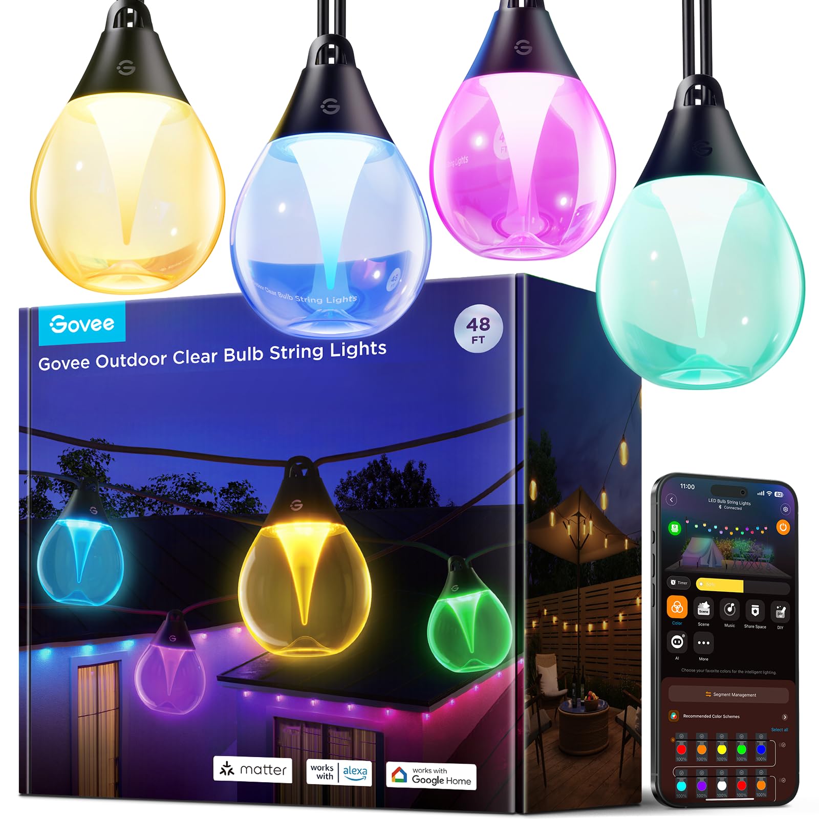 Govee outdoor clear bulb string lights 48ft outlining a cozy patio ambiance.