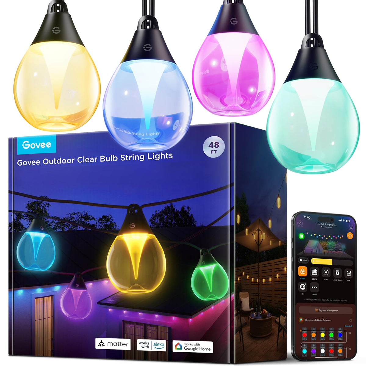 Govee outdoor clear bulb string lights 48ft outlining a cozy patio ambiance.