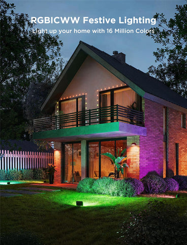 Govee flood lights with music synced effects for dynamic outdoor ambience.